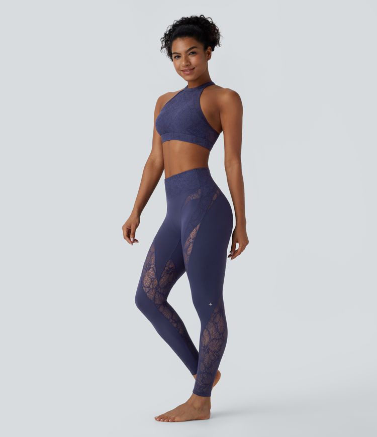 Softlyzero™ Legging yoga 7/8 taille haute avec poche arrière et dentelle contrastante - UPF50+