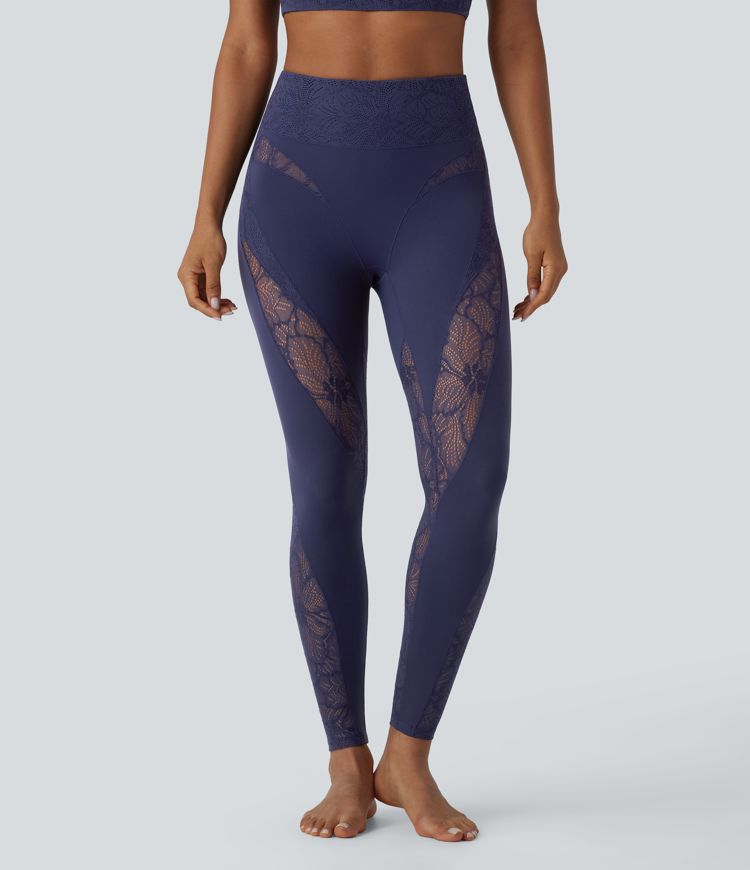 Softlyzero™ Legging yoga 7/8 taille haute avec poche arrière et dentelle contrastante - UPF50+