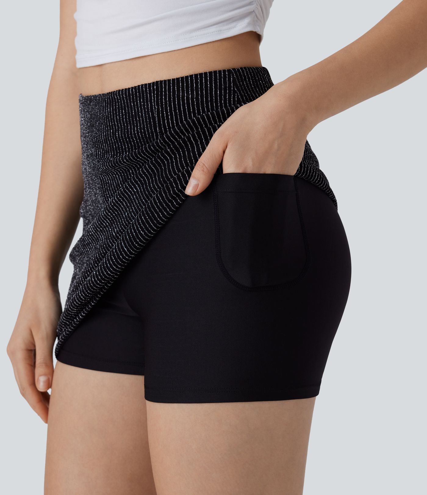 Mini Falda ajustada tiro alto bolsillo lateral raya metalizada 2 en 1