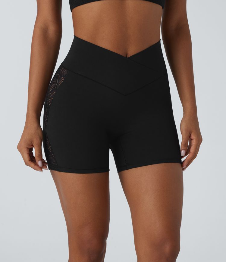 Softlyzero™ High Waisted Crossover Contrast Lace Back Pocket Yoga Biker Shorts 5''-UPF50+