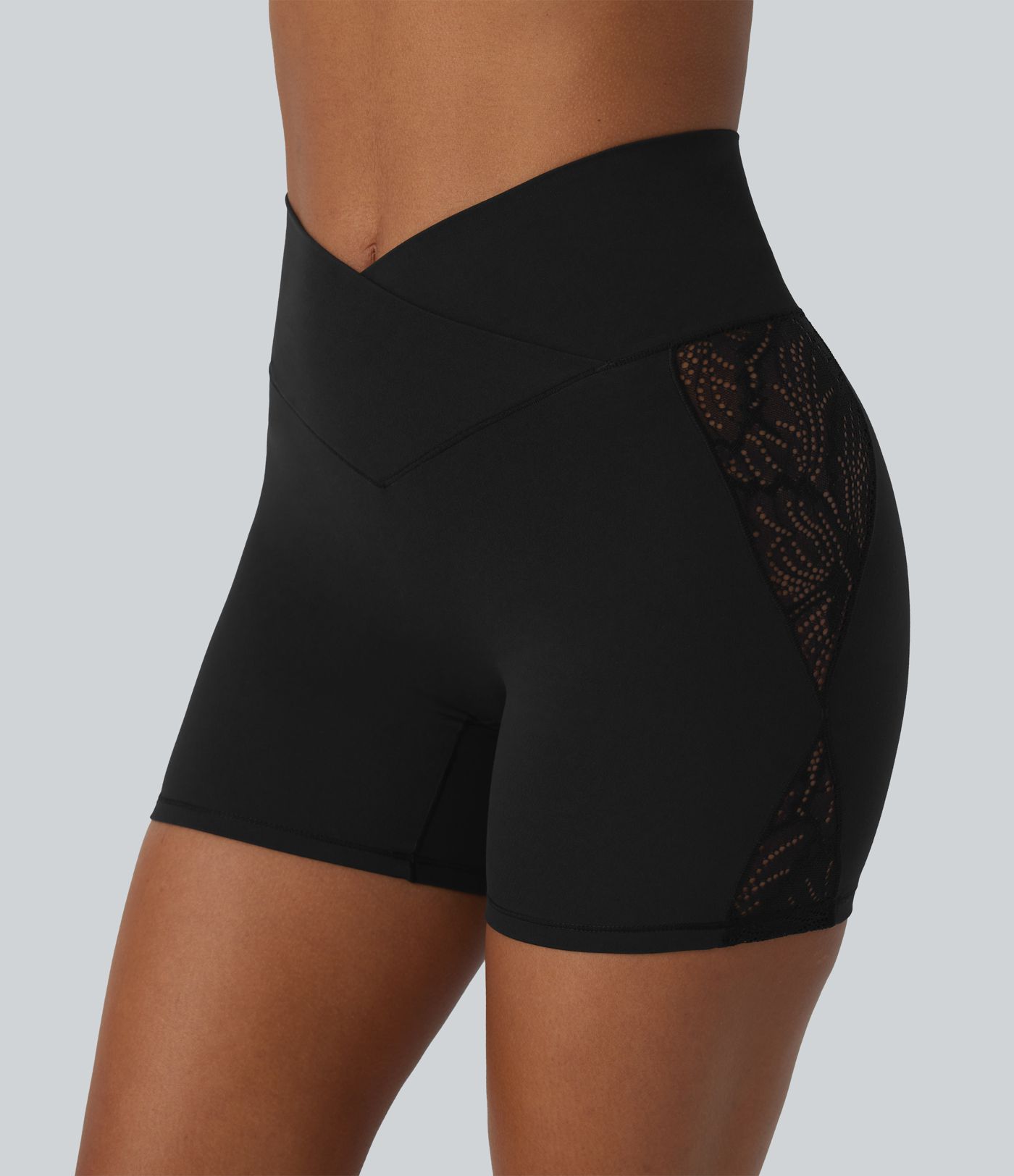 SoftlyZero™ High Waisted Crossover Contrast Lace Pocket Yoga Biker Shorts 5''-UPF50+