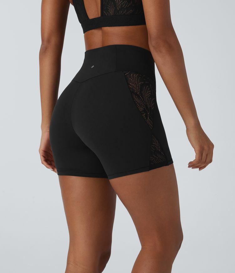 Softlyzero™ High Waisted Crossover Contrast Lace Back Pocket Yoga Biker Shorts 5''-UPF50+