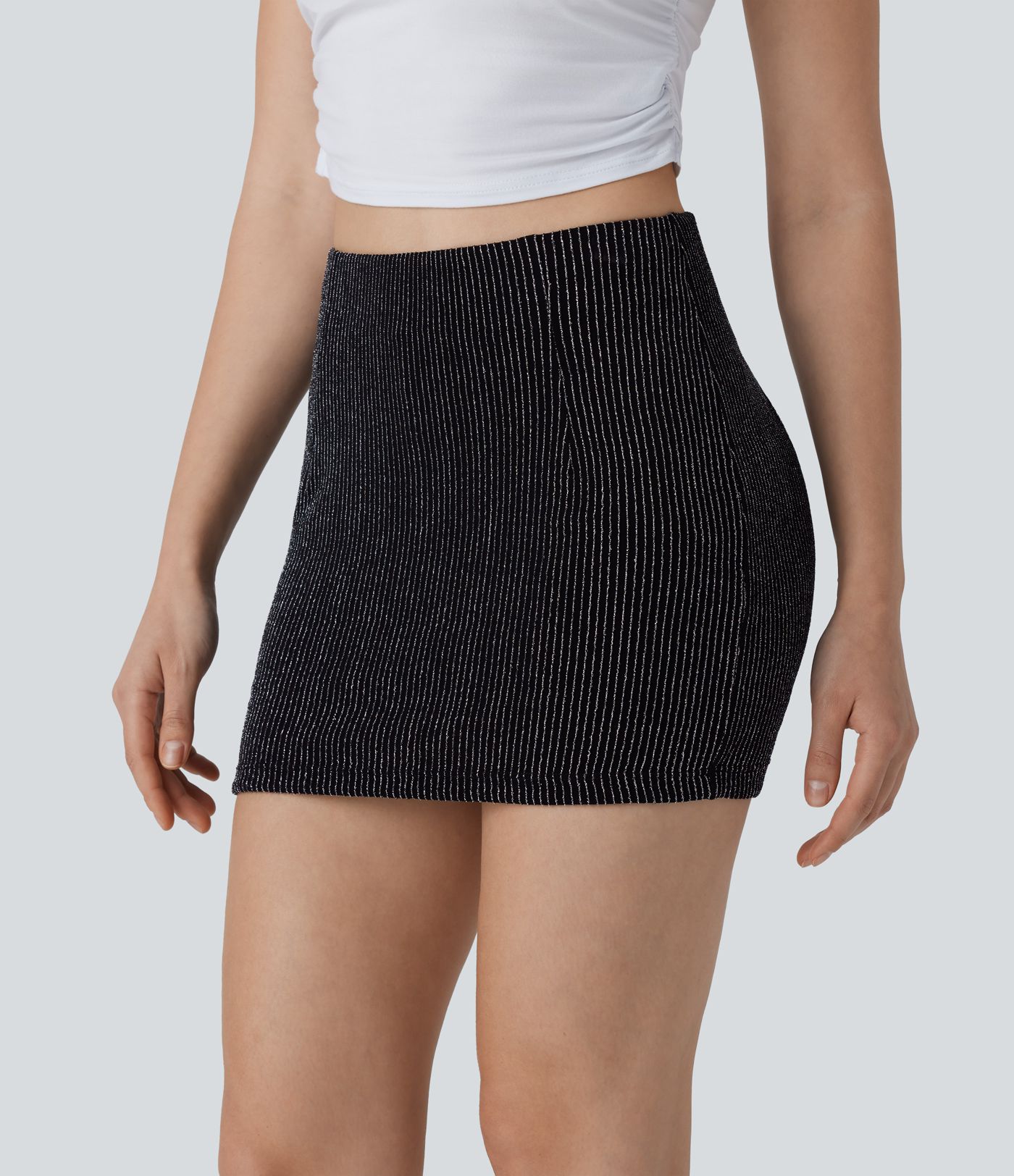 Mini Falda ajustada tiro alto bolsillo lateral raya metalizada 2 en 1