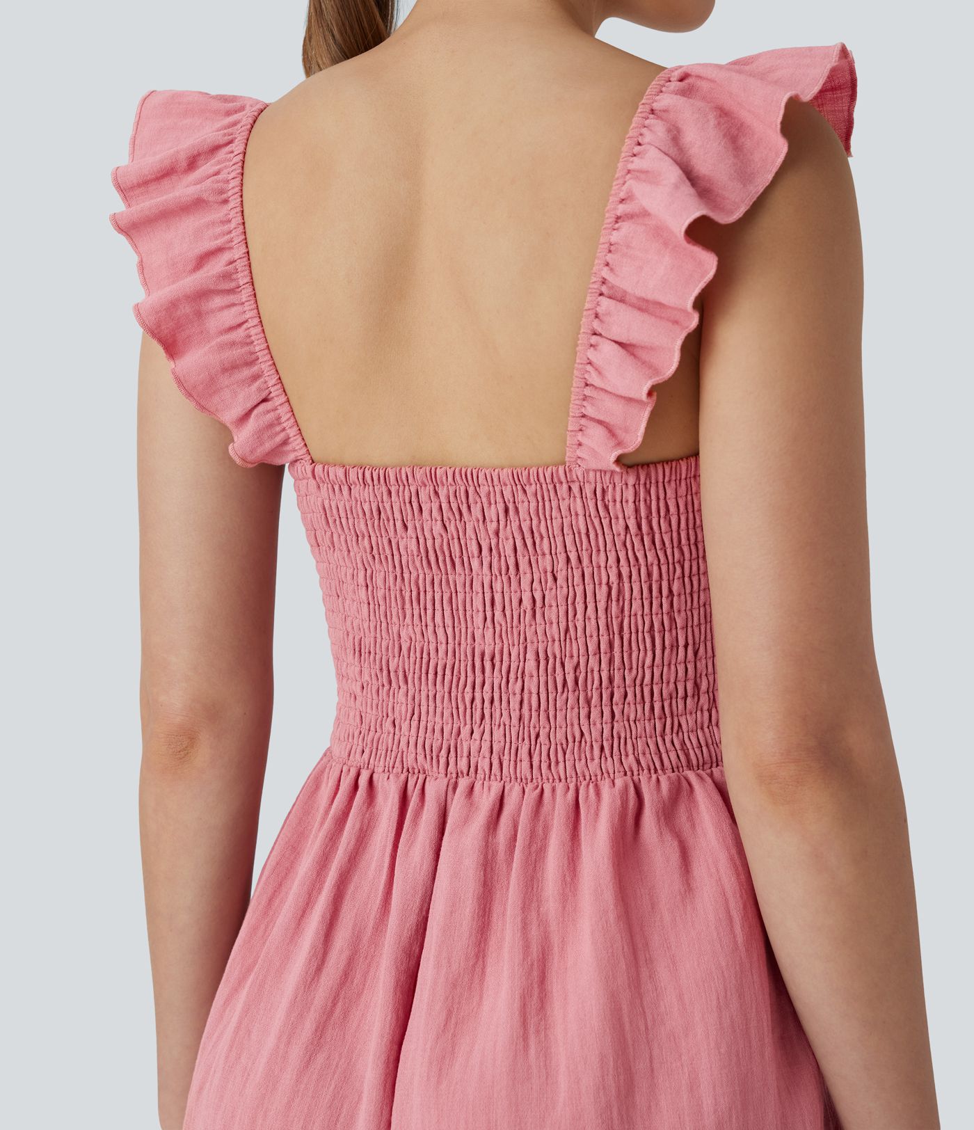 Mono lino cuello cuadrado sin mangas cordón sin espalda fruncido bolsillo lateral