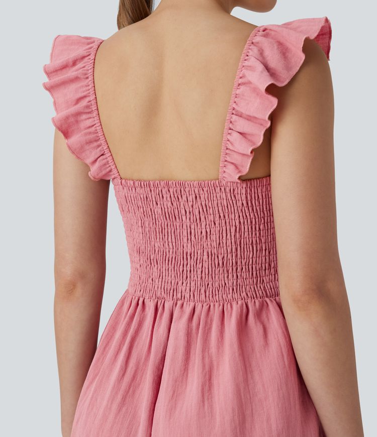 Mono lino cuello cuadrado sin mangas cordón sin espalda fruncido bolsillo lateral