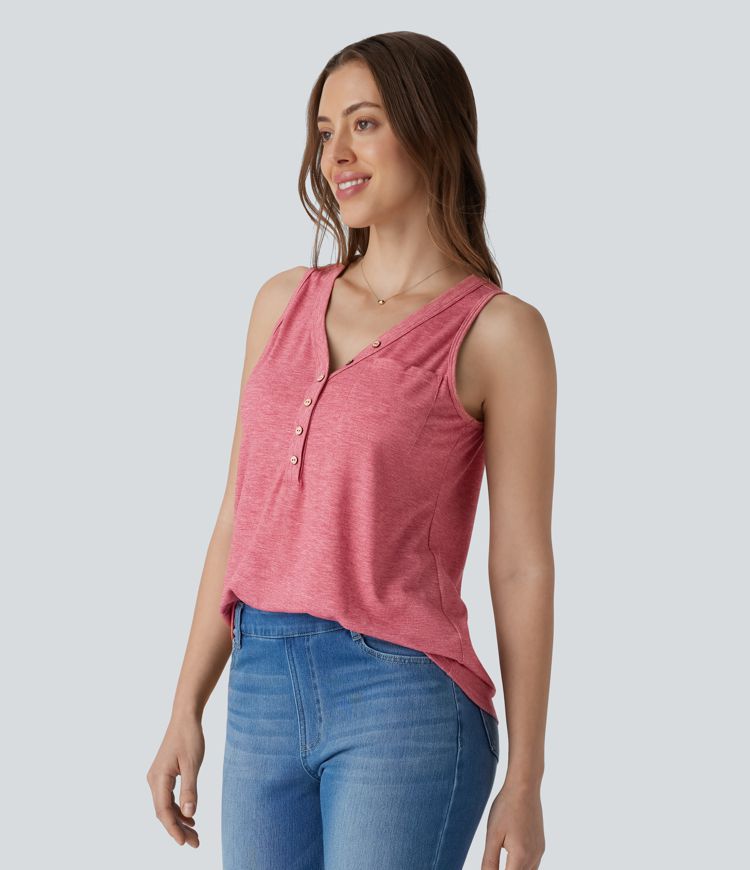 V Neck Sleeveless Decorative Casual Top