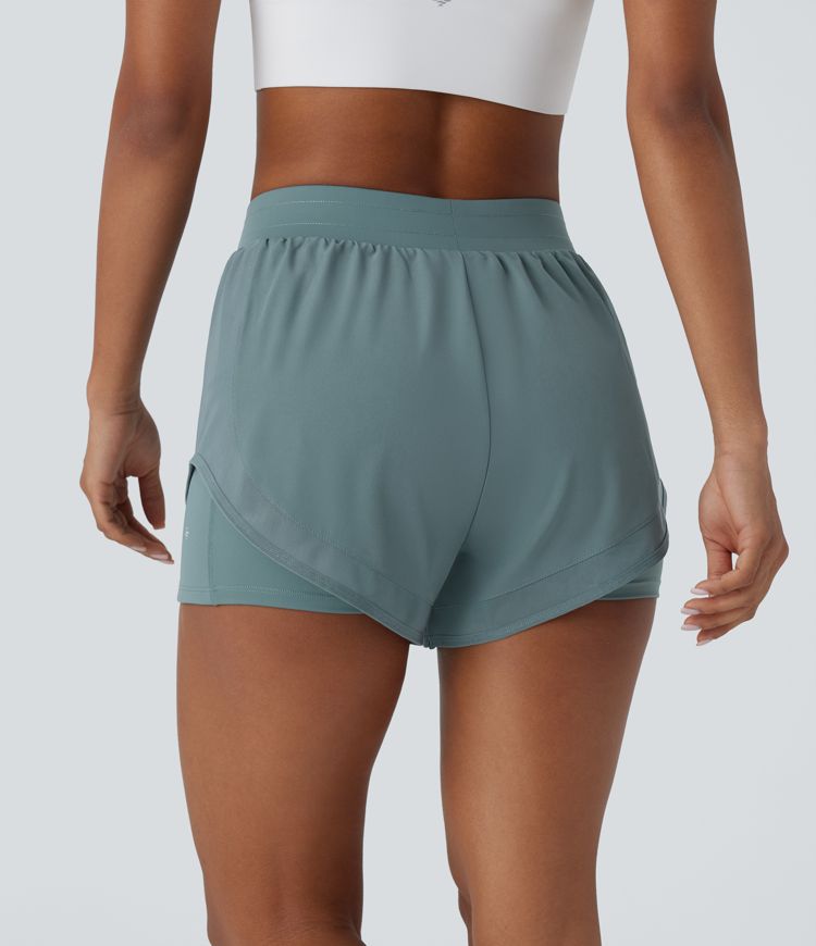 Mid Rise 2-in-1 Pocket Contrast Mesh Curved Hem Yoga Shorts 3''