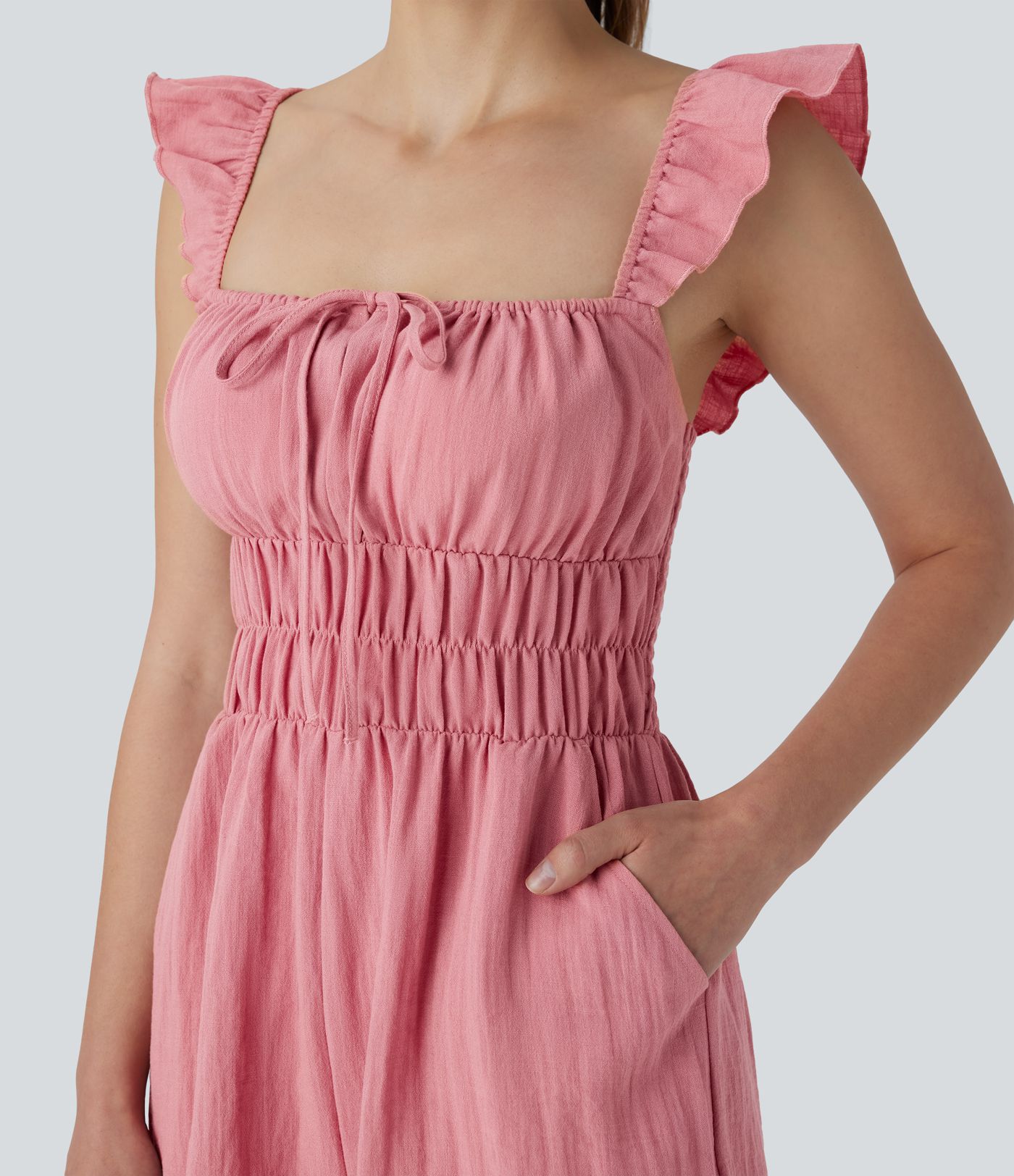 Mono lino cuello cuadrado sin mangas cordón sin espalda fruncido bolsillo lateral