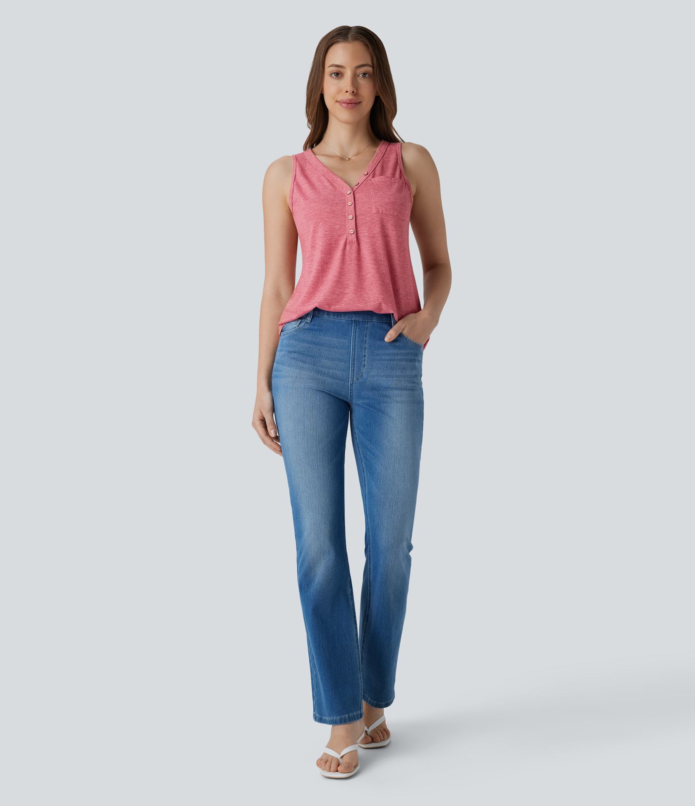 V Neck Sleeveless Decorative Casual Top