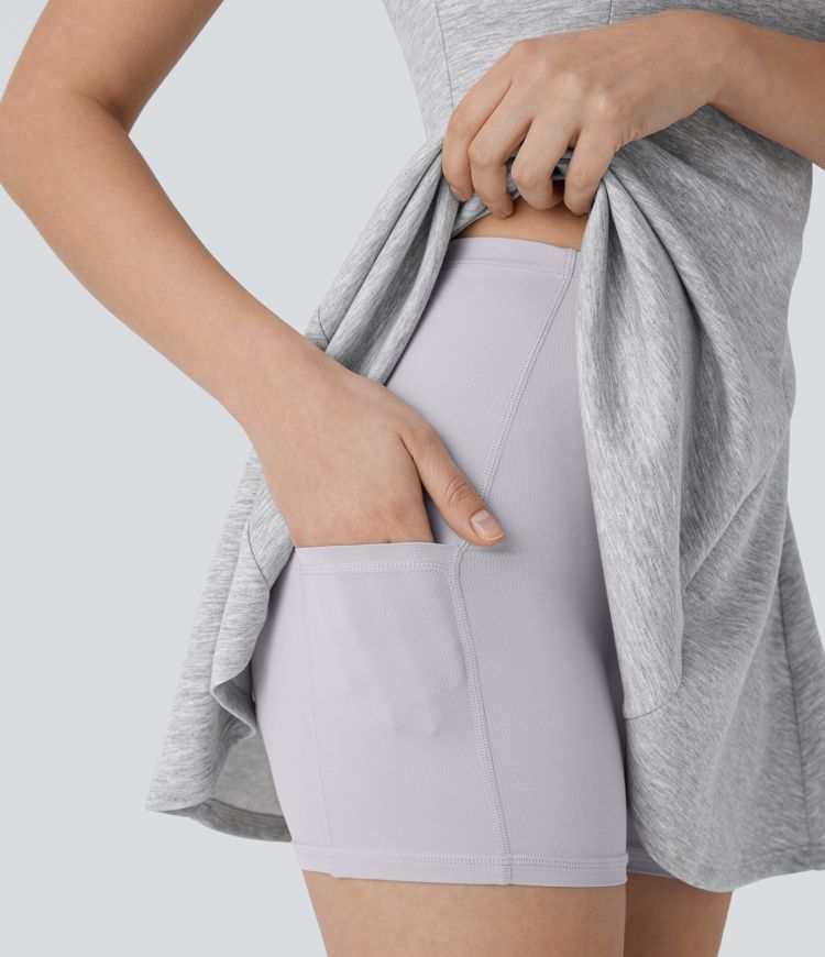 Ärmelloses, 2-teiliges Pickleball-Skater-Minikleid mit quadratischem Ausschnitt und Seitentasche