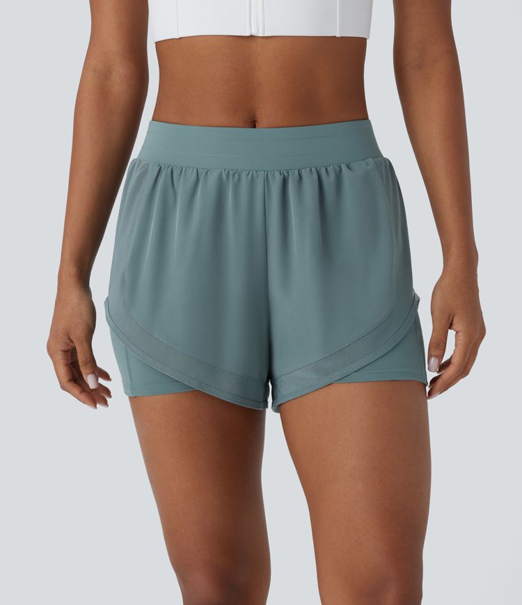 Mid Rise 2-in-1 Pocket Contrast Mesh Curved Hem Yoga Shorts 3''