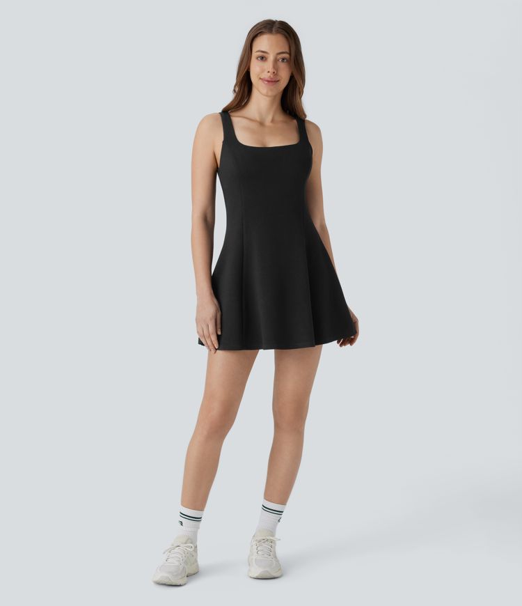 Ärmelloses, 2-teiliges Pickleball-Skater-Minikleid mit quadratischem Ausschnitt und Seitentasche