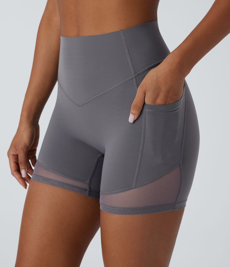 Halara UltraSculpt™ High Waisted Tummy Control Pocket Contrast Mesh Shaping Workout Biker Shorts 5''