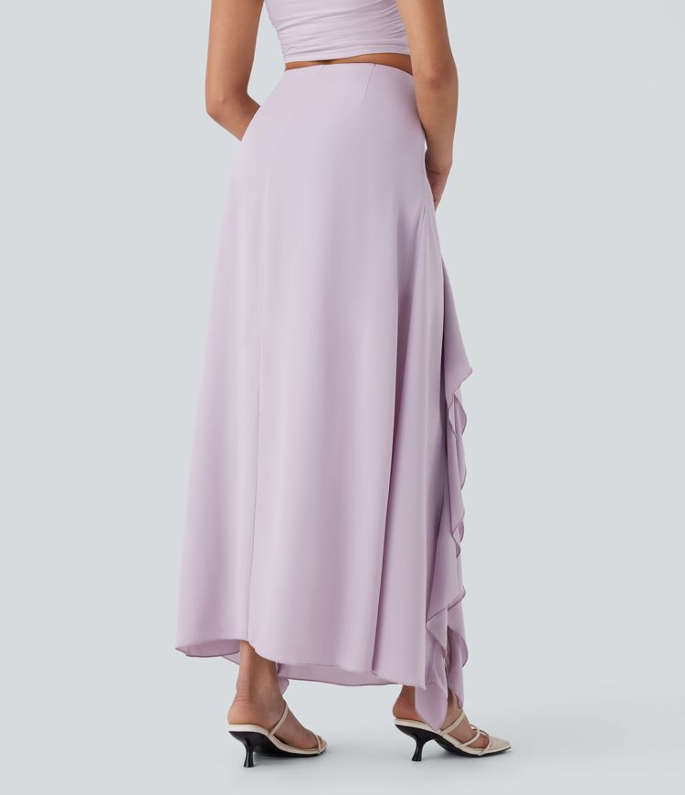 2-in-1-Maxi-Freizeitrock mit hohem Bund, Hoch taillierter, unsichtbarem Reißverschluss und geschlitztem Rüschen