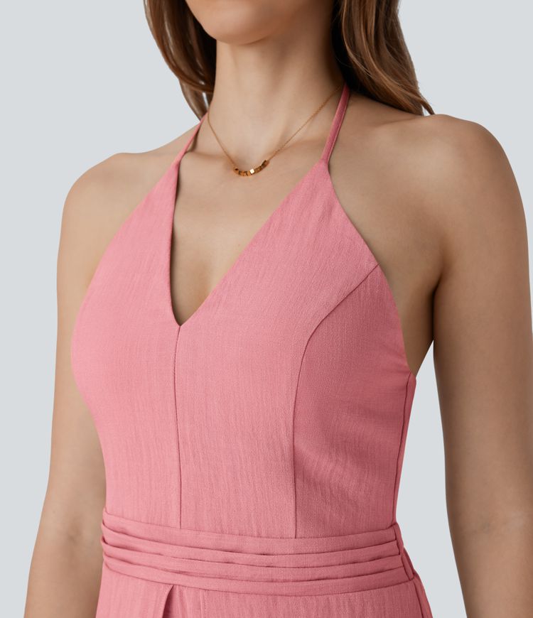 Mono lino cuello halter sin espalda cremallera invisible dobladillo cruzado