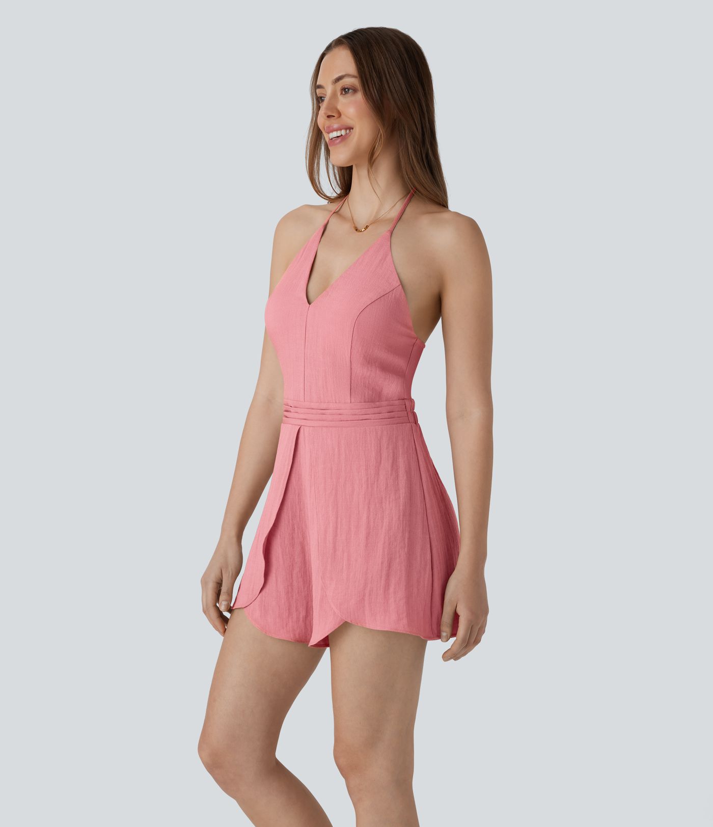 Mono lino cuello halter sin espalda cremallera invisible dobladillo cruzado