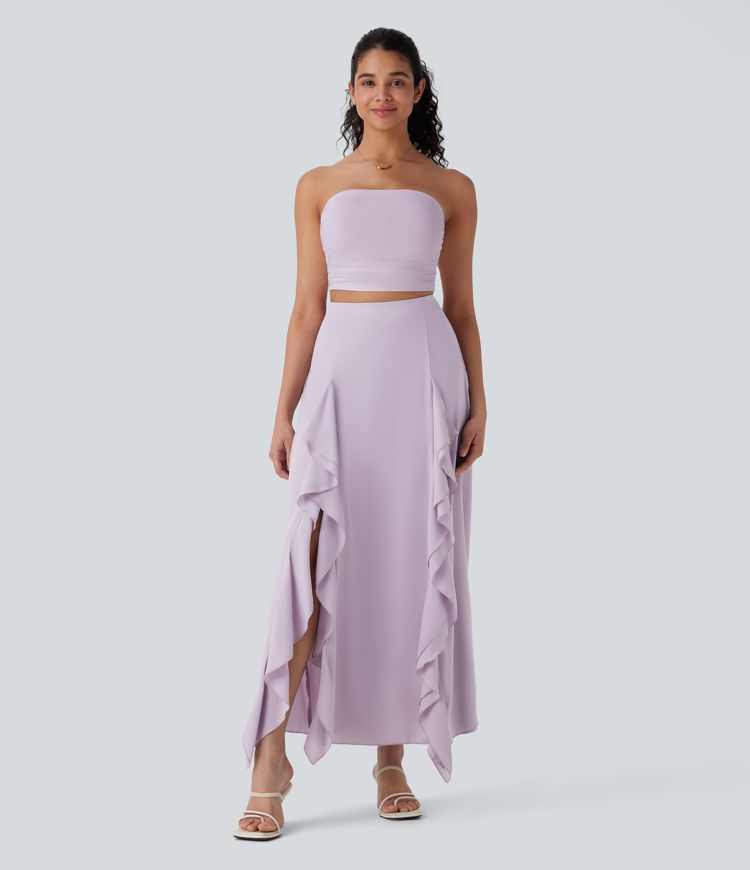 2-in-1-Maxi-Freizeitrock mit hohem Bund, Hoch taillierter, unsichtbarem Reißverschluss und geschlitztem Rüschen