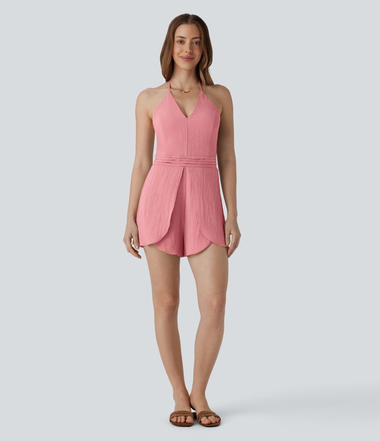 Mono lino cuello halter sin espalda cremallera invisible dobladillo cruzado