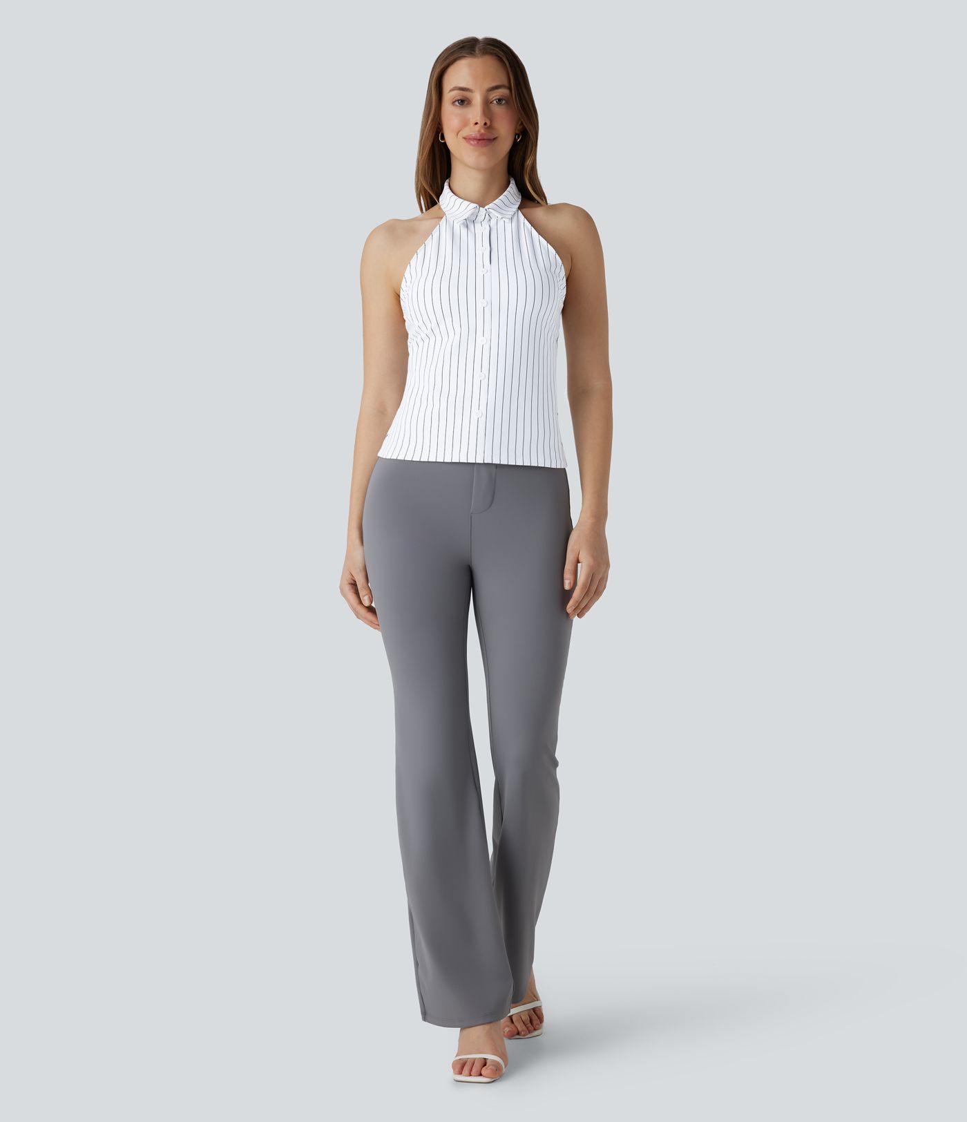 Haut de travail à rayures dos nu col licou frais au toucher