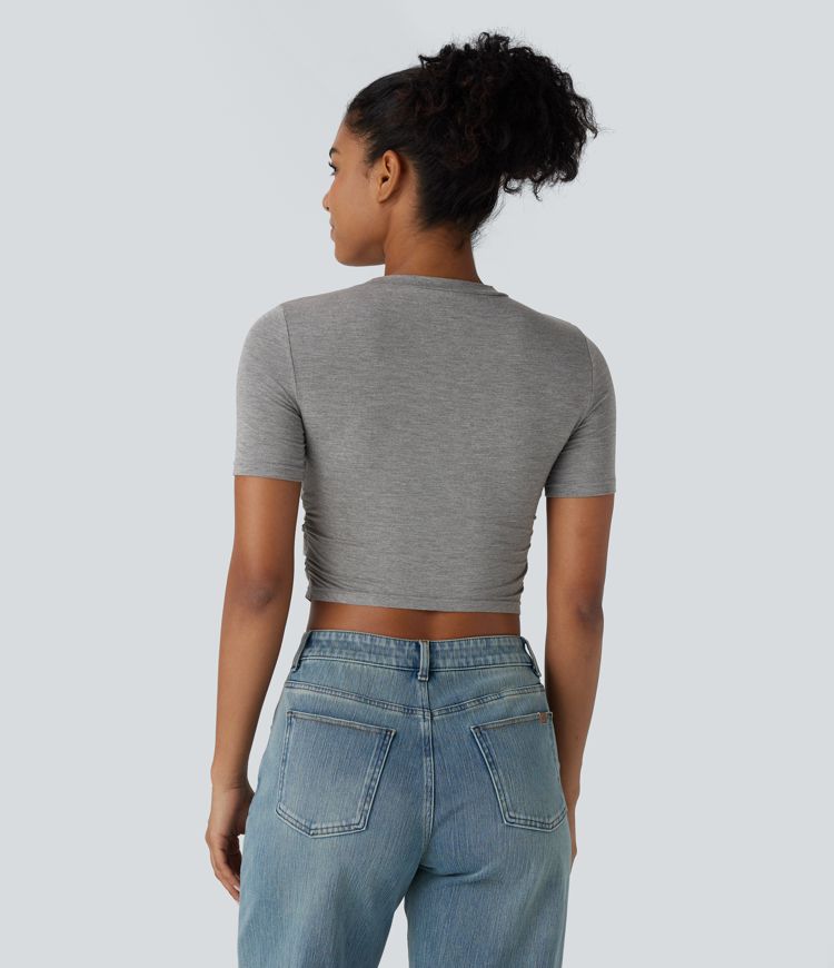 Round Neck Short Sleeve Ruched Skinny Cropped Casual T-Shirt