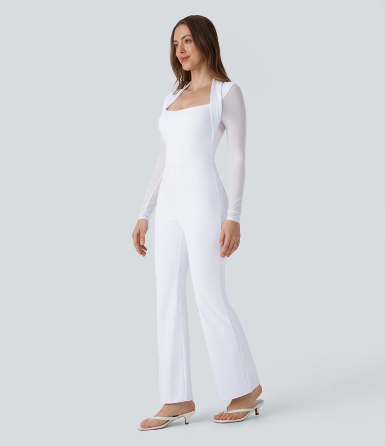Long Sleeve Contrast Mesh Zipper Bootcut Bridesmaid and Wedding Guest Jumpsuit-Easy Peezy Edition
