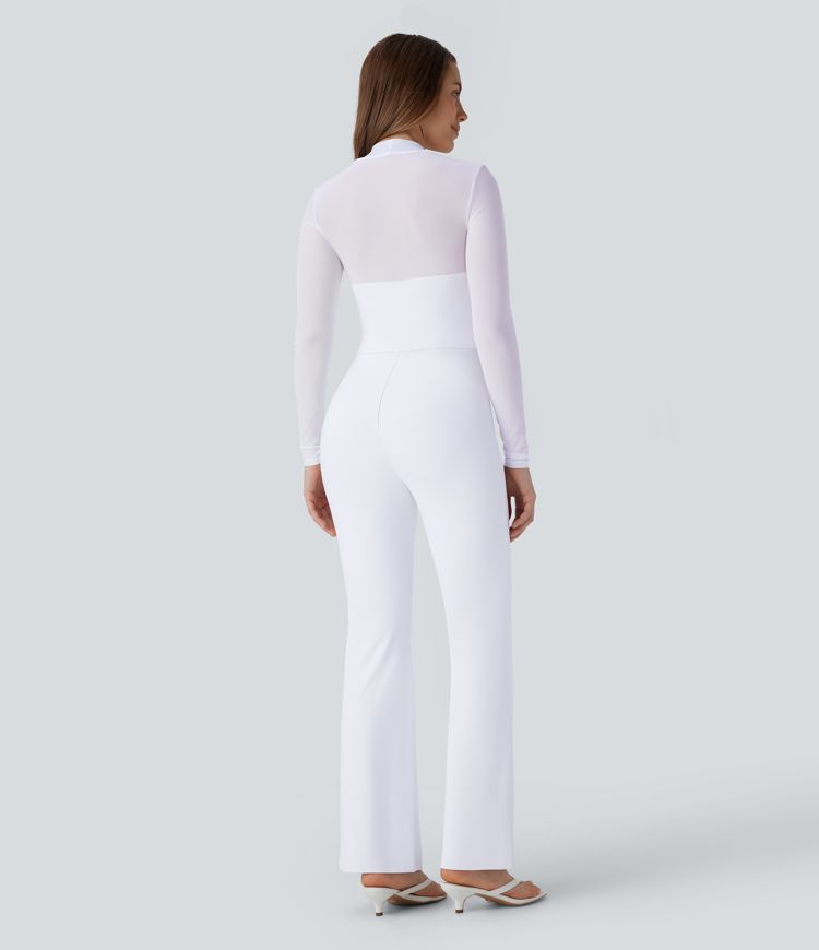 Long Sleeve Contrast Mesh Zipper Bootcut Bridesmaid and Wedding Guest Jumpsuit-Easy Peezy Edition