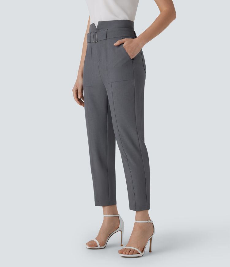 Pantalon décontracté taille semi-haute avec bouton, fermeture éclair, ceinture et poches multiples