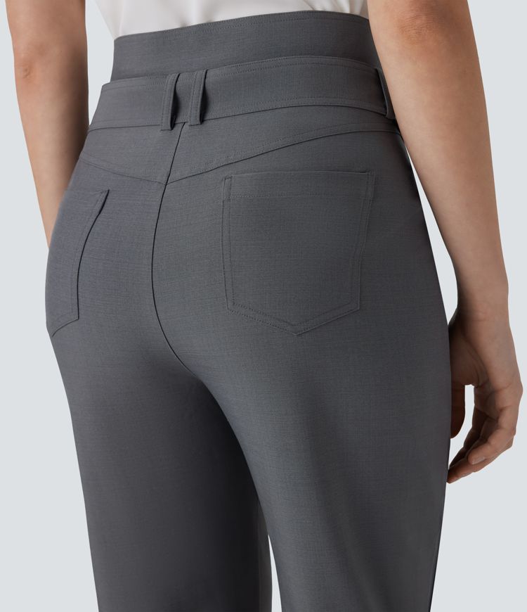 Pantalon décontracté taille semi-haute avec bouton, fermeture éclair, ceinture et poches multiples