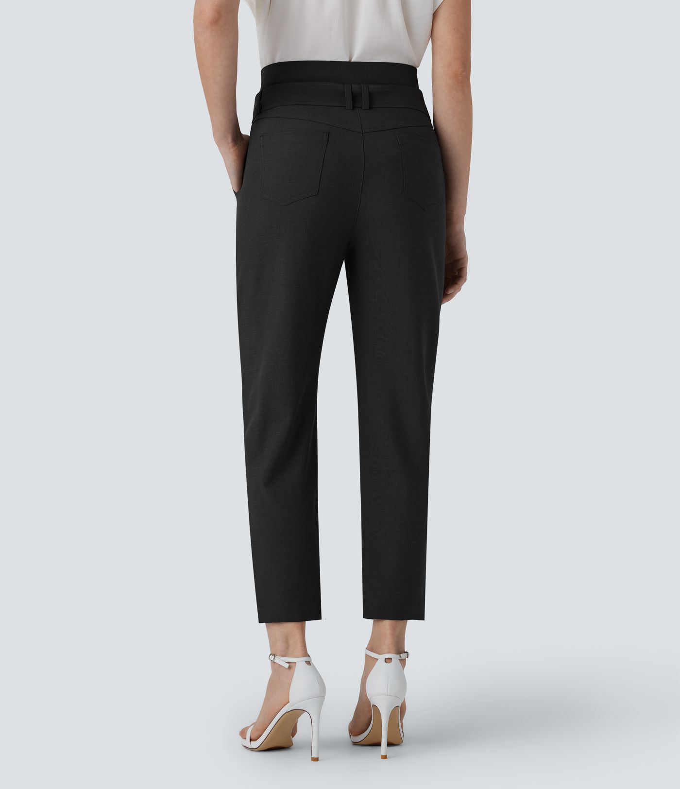 Mid High Waisted Zipper Belted Pockets Casual Pants