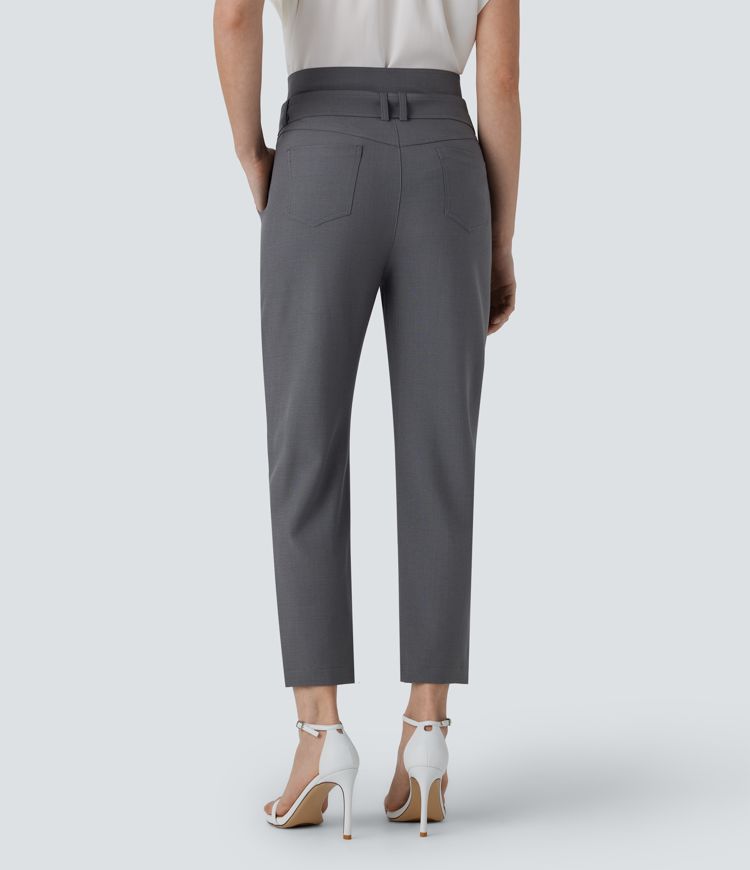 Pantalon décontracté taille semi-haute avec bouton, fermeture éclair, ceinture et poches multiples
