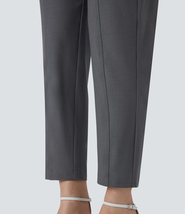 Pantalon décontracté taille semi-haute avec bouton, fermeture éclair, ceinture et poches multiples