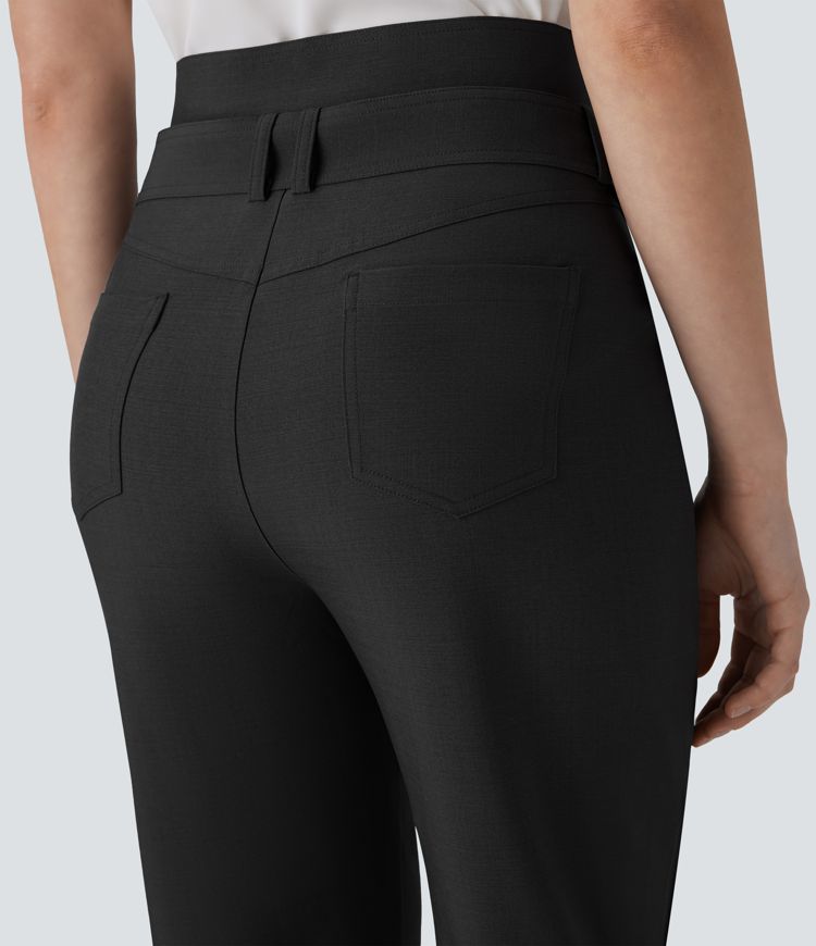 Mid High Waisted Zipper Belted Pockets Casual Pants