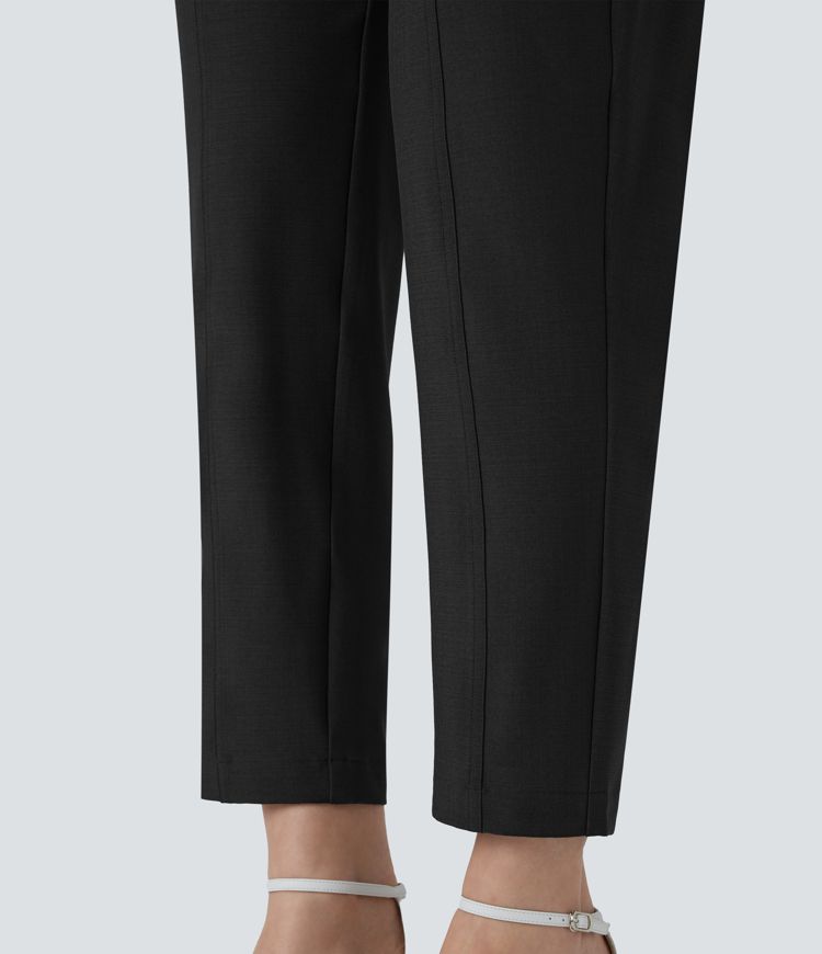 Mid High Waisted Zipper Belted Pockets Casual Pants