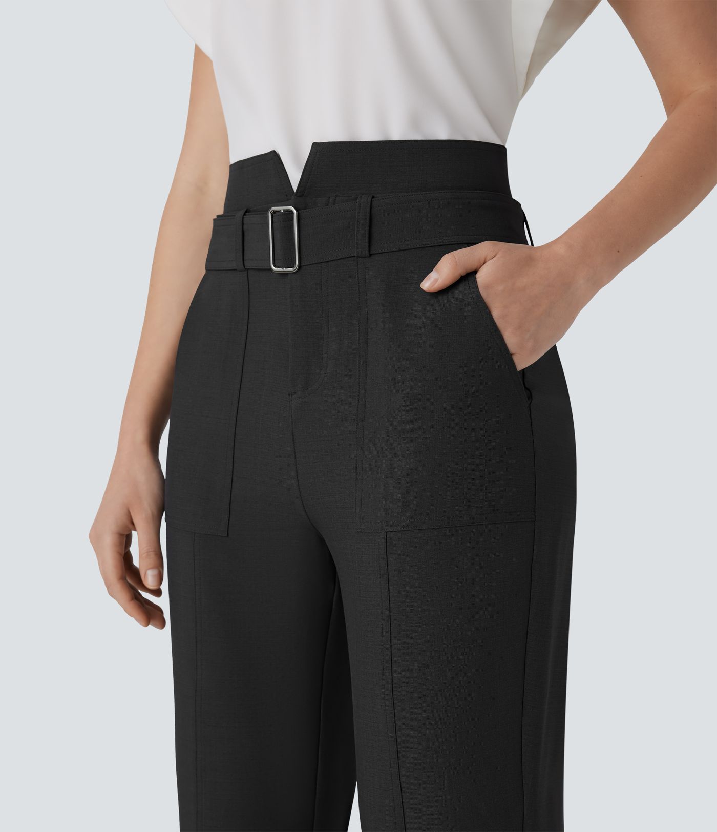 Mid High Waisted Zipper Belted Pockets Casual Pants