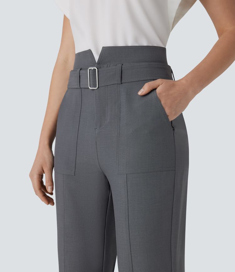 Pantalon décontracté taille semi-haute avec bouton, fermeture éclair, ceinture et poches multiples