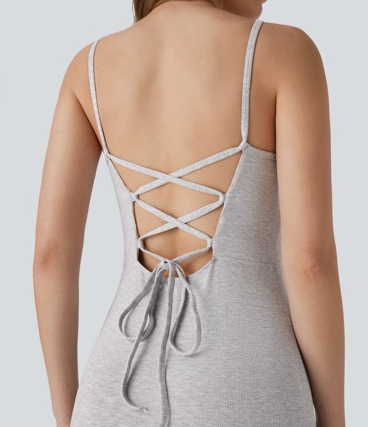 Vestido midi camisero acanalado sin espalda cordón cruzado abertura media pierna