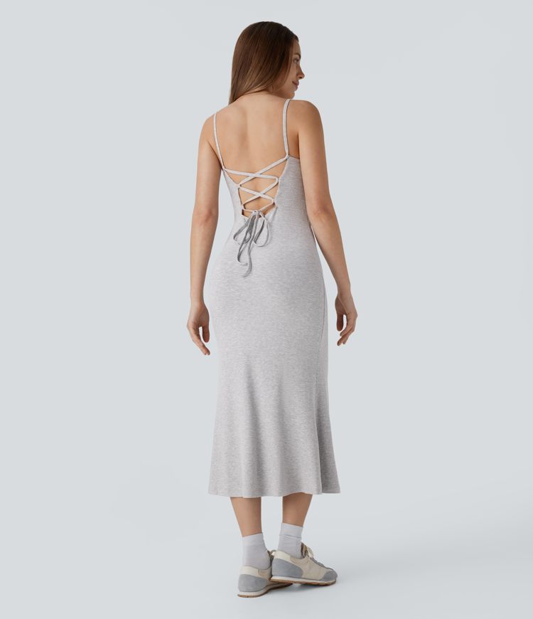 Vestido midi camisero acanalado sin espalda cordón cruzado abertura media pierna