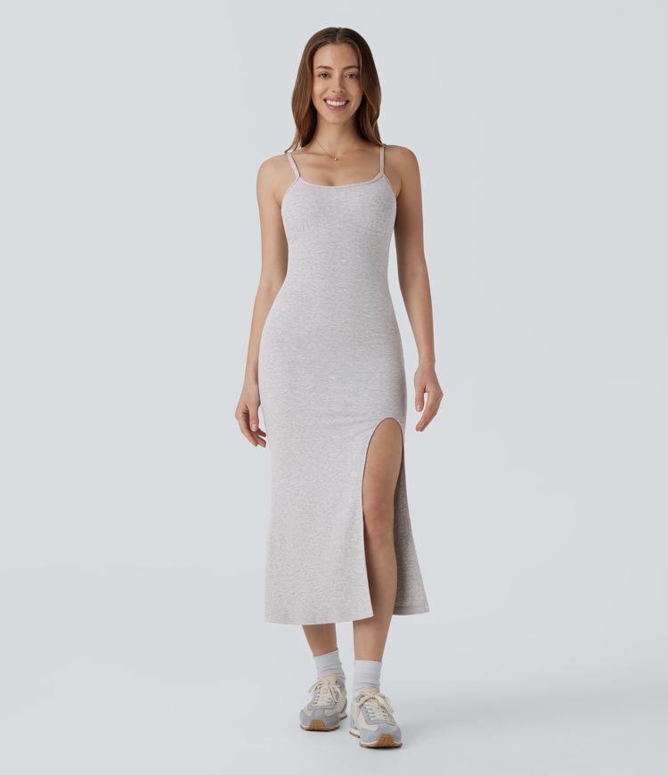 Vestido midi camisero acanalado sin espalda cordón cruzado abertura media pierna