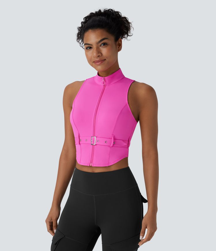 SoftlyZero™ QuickDry Stand Collar Zipper Belted Curved Hem Slim Pickleball Sports Top