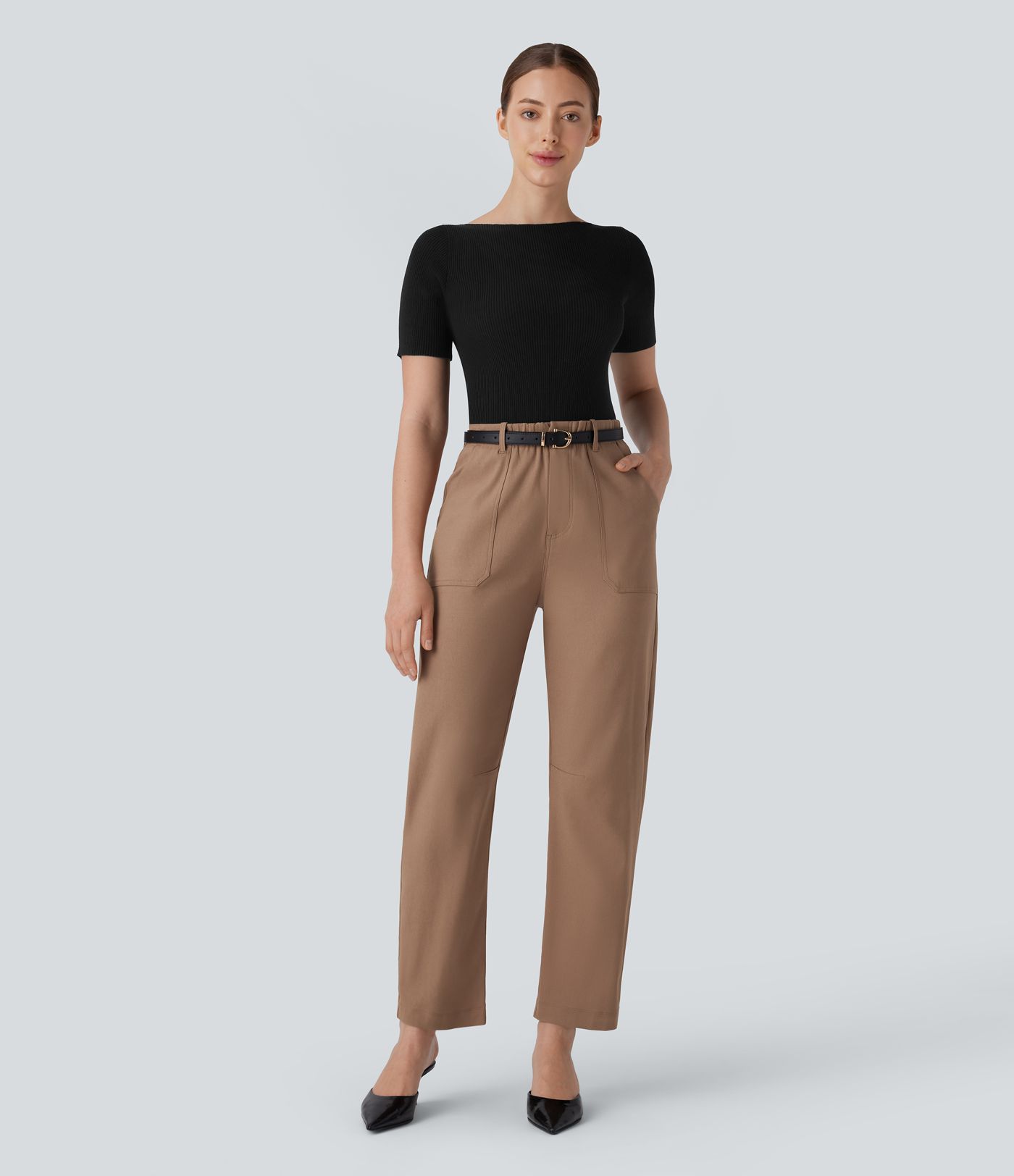 High Waisted Pockets Work Barrel Leg Pants