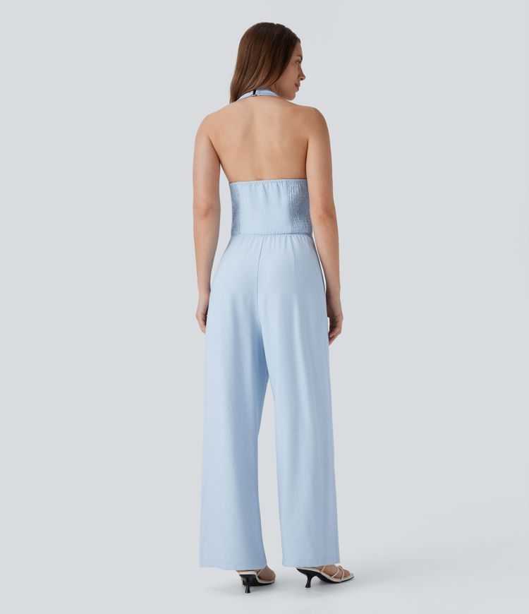 Halter Shirred Wide Leg Work Jumpsuit with Pockets