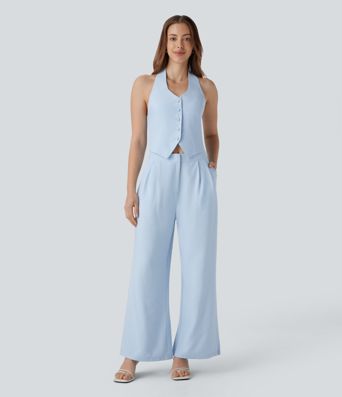 Halter Shirred Wide Leg Work Jumpsuit with Pockets