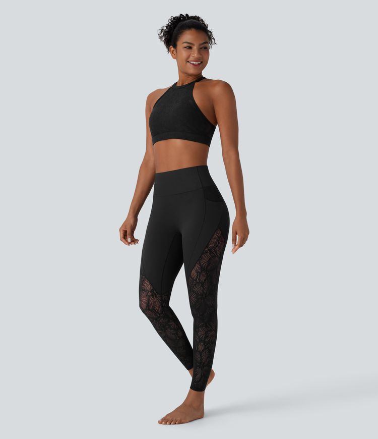 Leggings de yoga Softlyzero™ UPF50+ de tiro alto con encaje en contraste y bolsillos laterales en longitud 7/8 