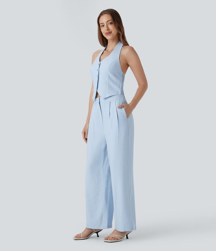 Halter Shirred Wide Leg Work Jumpsuit with Pockets