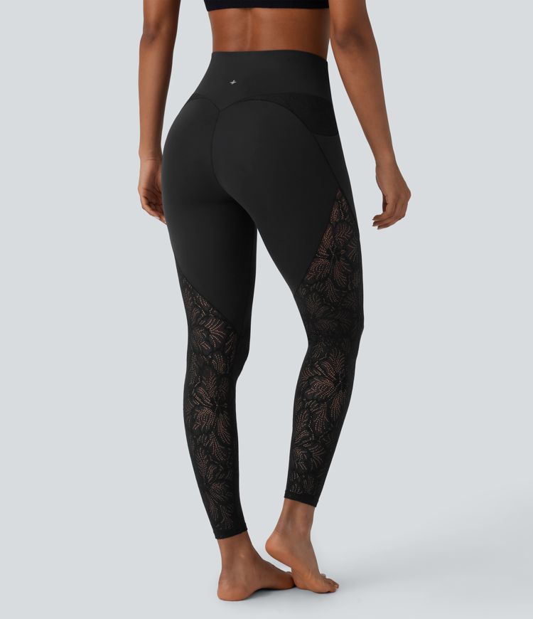 Leggings de yoga Softlyzero™ UPF50+ de tiro alto con encaje en contraste y bolsillos laterales en longitud 7/8 