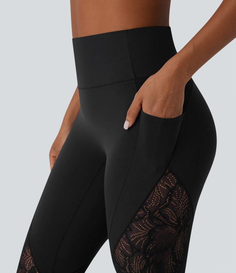 Leggings de yoga Softlyzero™ UPF50+ de tiro alto con encaje en contraste y bolsillos laterales en longitud 7/8 