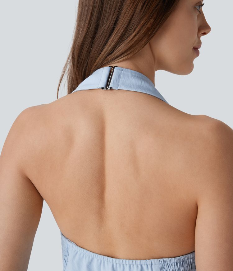 Mono de oficina de pierna ancha con cuello halter botones y bolsillos