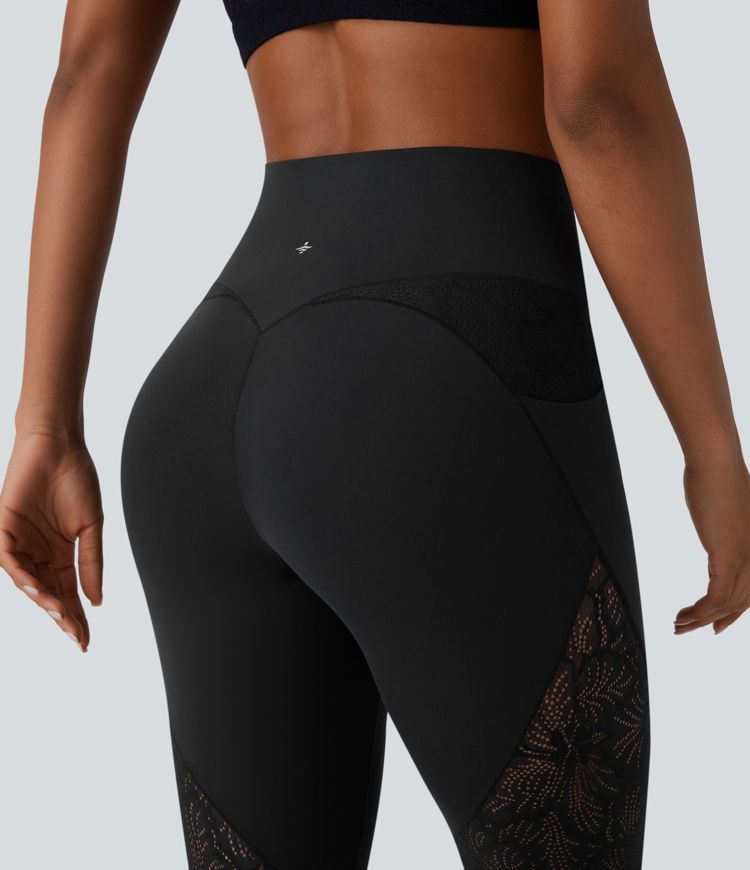 Leggings de yoga Softlyzero™ UPF50+ de tiro alto con encaje en contraste y bolsillos laterales en longitud 7/8 