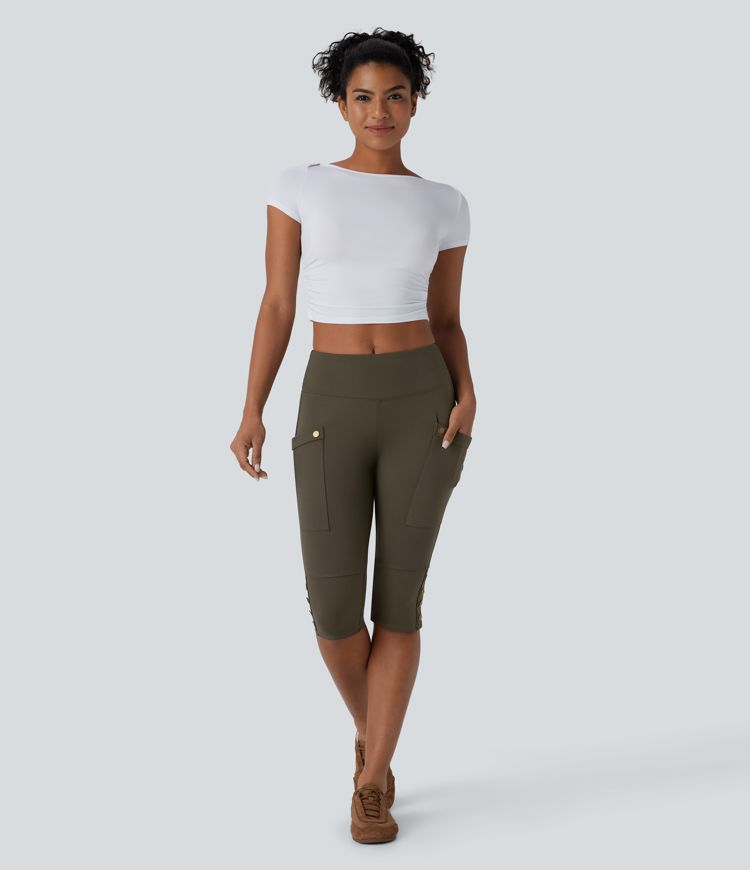 Shorts casuales ajustados moldeadores de abdomen y tiro alto, con bolsillos y botones decorativos 