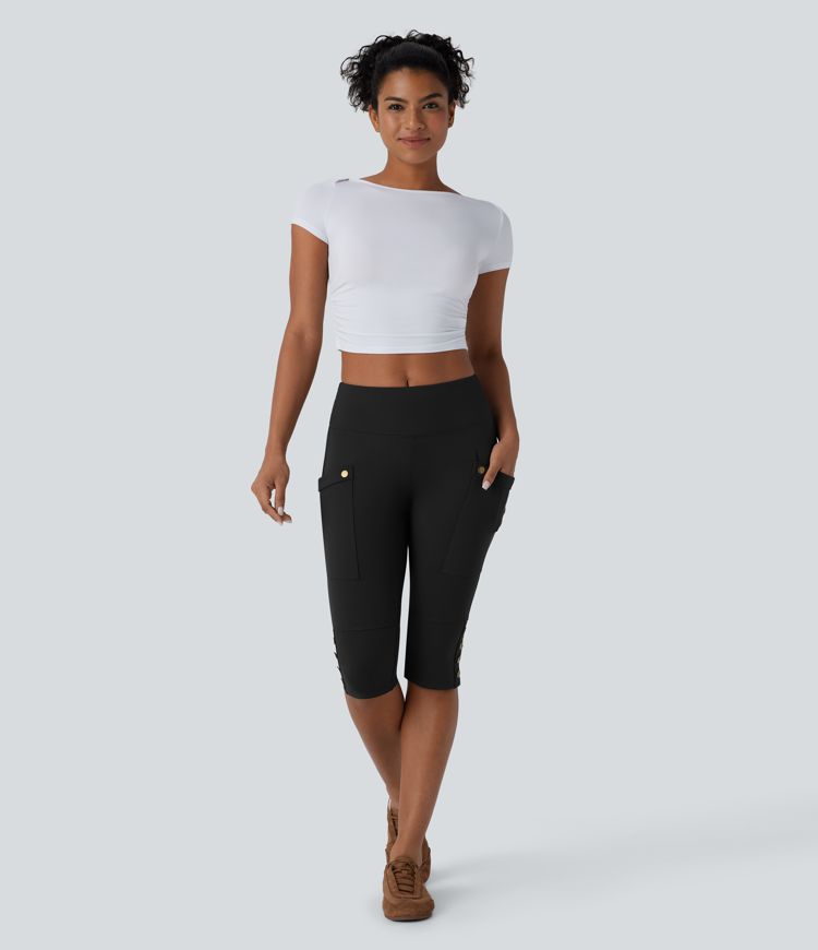 DayStretch High Waisted Tummy Control Decorative Pocket Skinny Casual Pedal Pusher Pants